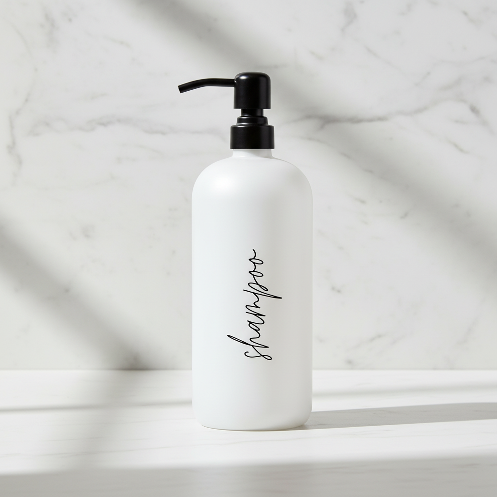 White shampoo bottle with black pump on a marble surface