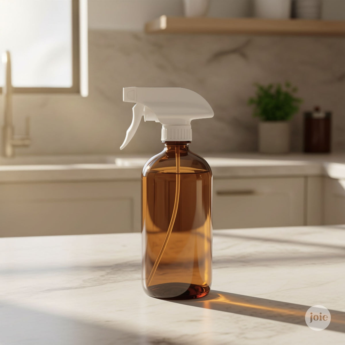 An amber glass spray bottle with a white trigger sprayer sits on a marble kitchen countertop with a blurred kitchen background.