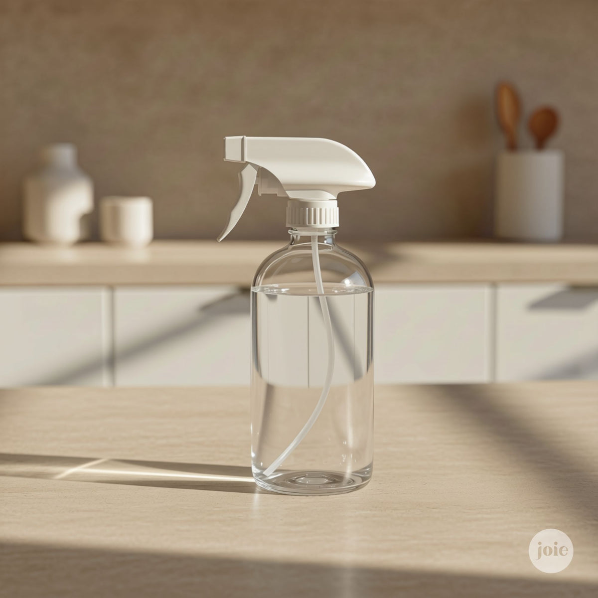 A clear glass spray bottle with a white trigger sprayer, filled with water, set on a light wood countertop in a softly blurred kitchen setting.