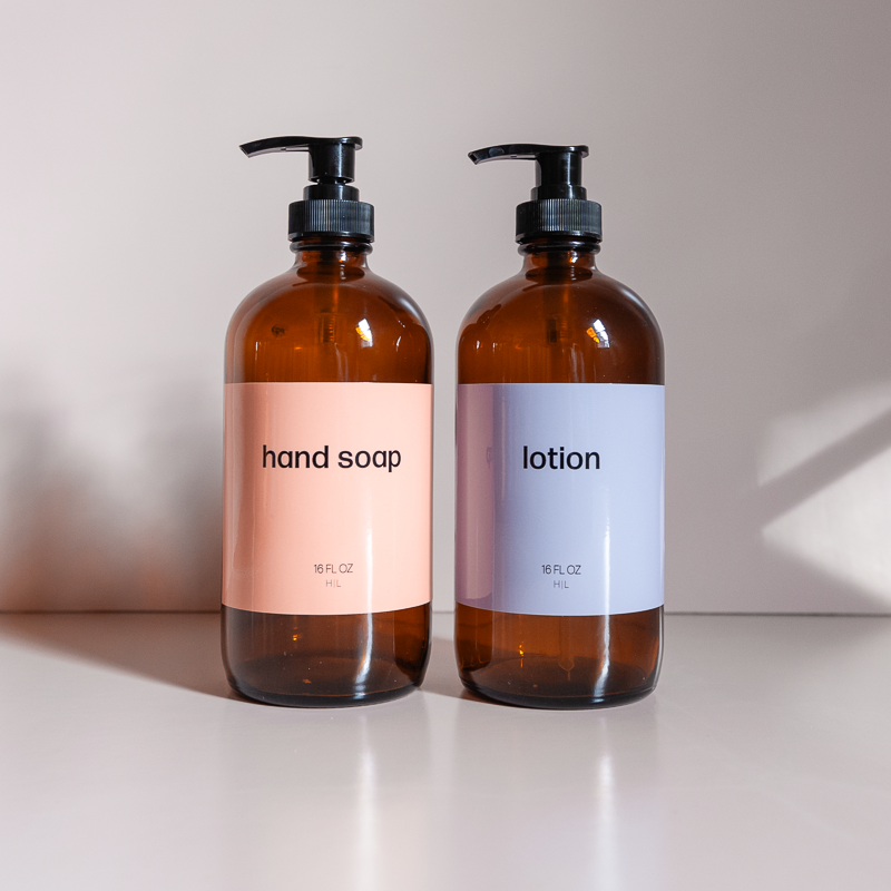 Copacabana Hand Care Set - Amber Glass Soap & Lotion Dispensers with Pastel Labels
