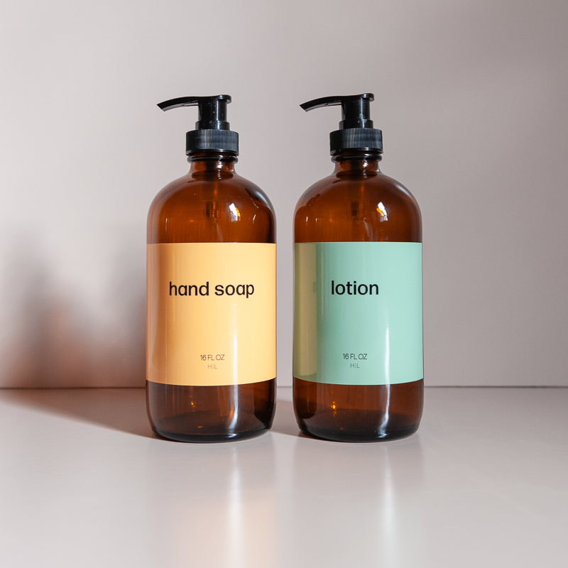 Copacabana Hand Care Set - Amber Glass Soap & Lotion Dispensers with Pastel Labels