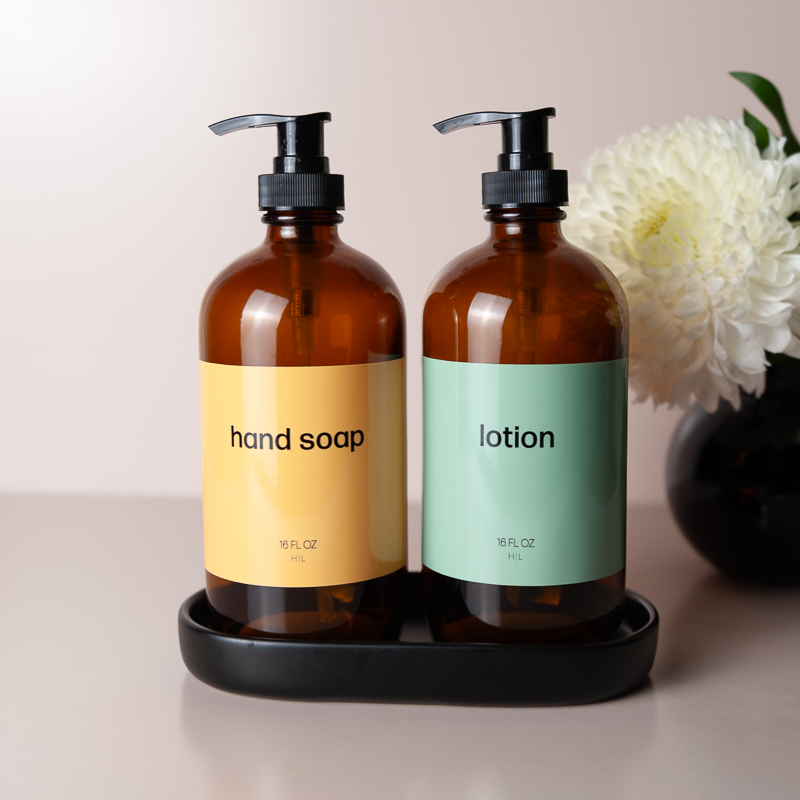 Copacabana Hand Care Set - Amber Glass Soap & Lotion Dispensers with Pastel Labels