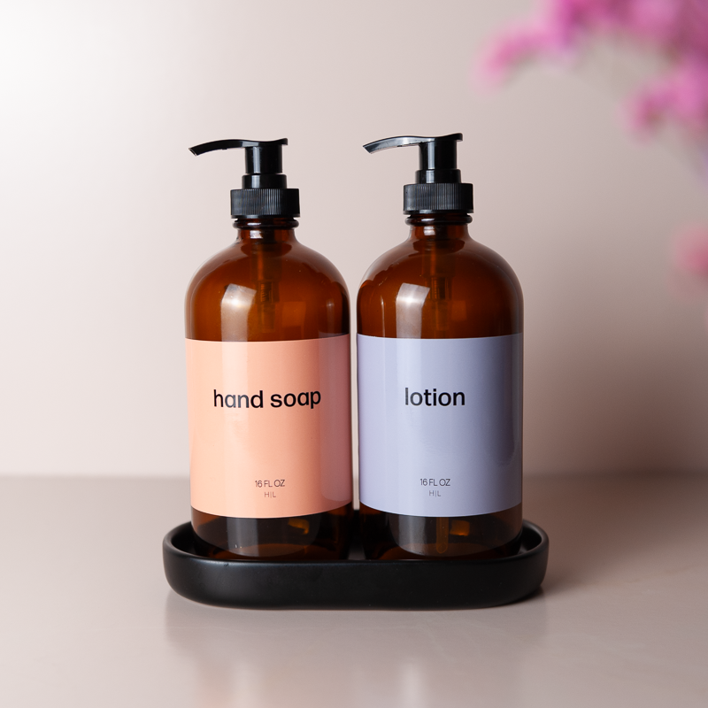 Copacabana Hand Care Set - Amber Glass Soap & Lotion Dispensers with Pastel Labels