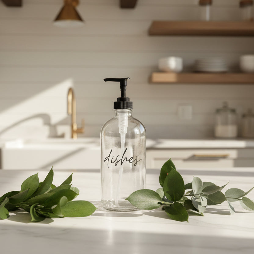 A clear glass soap dispenser bottle with the word 'dishes' engraved on it in script farmhouse style