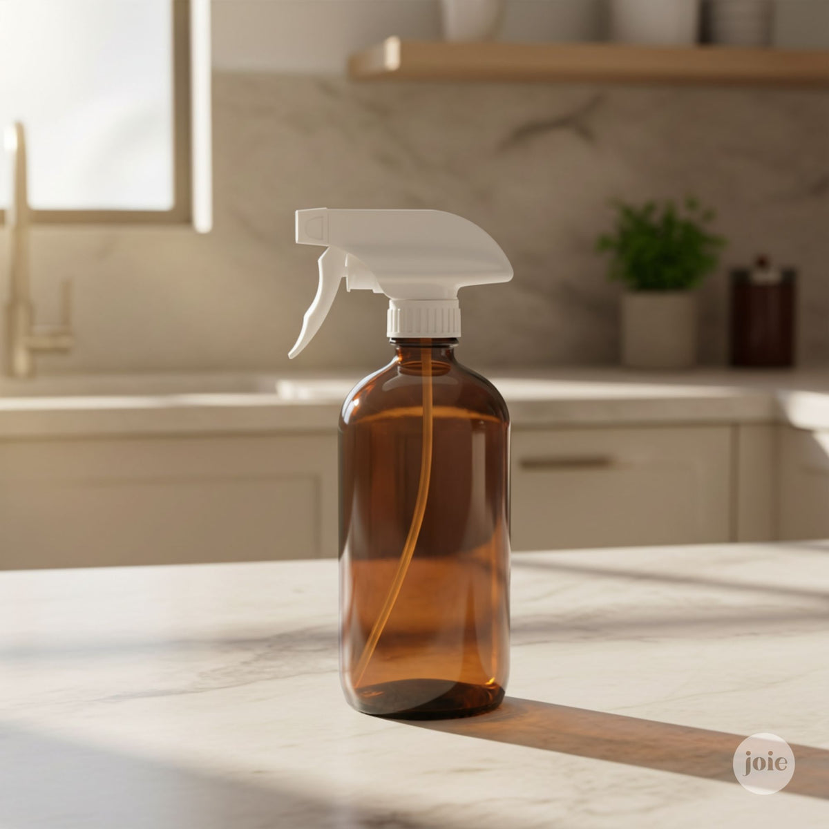 An amber glass spray bottle with a white trigger sprayer sits on a marble kitchen countertop with a blurred kitchen background.