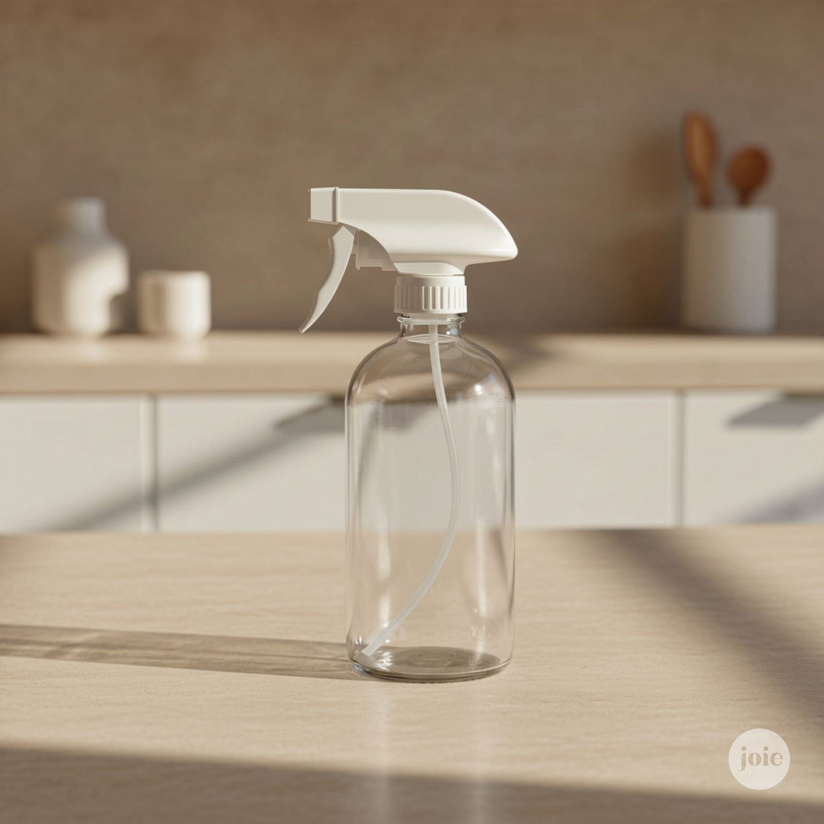 A clear glass spray bottle with a white trigger sprayer, standing on a light wood countertop in a softly blurred kitchen setting.