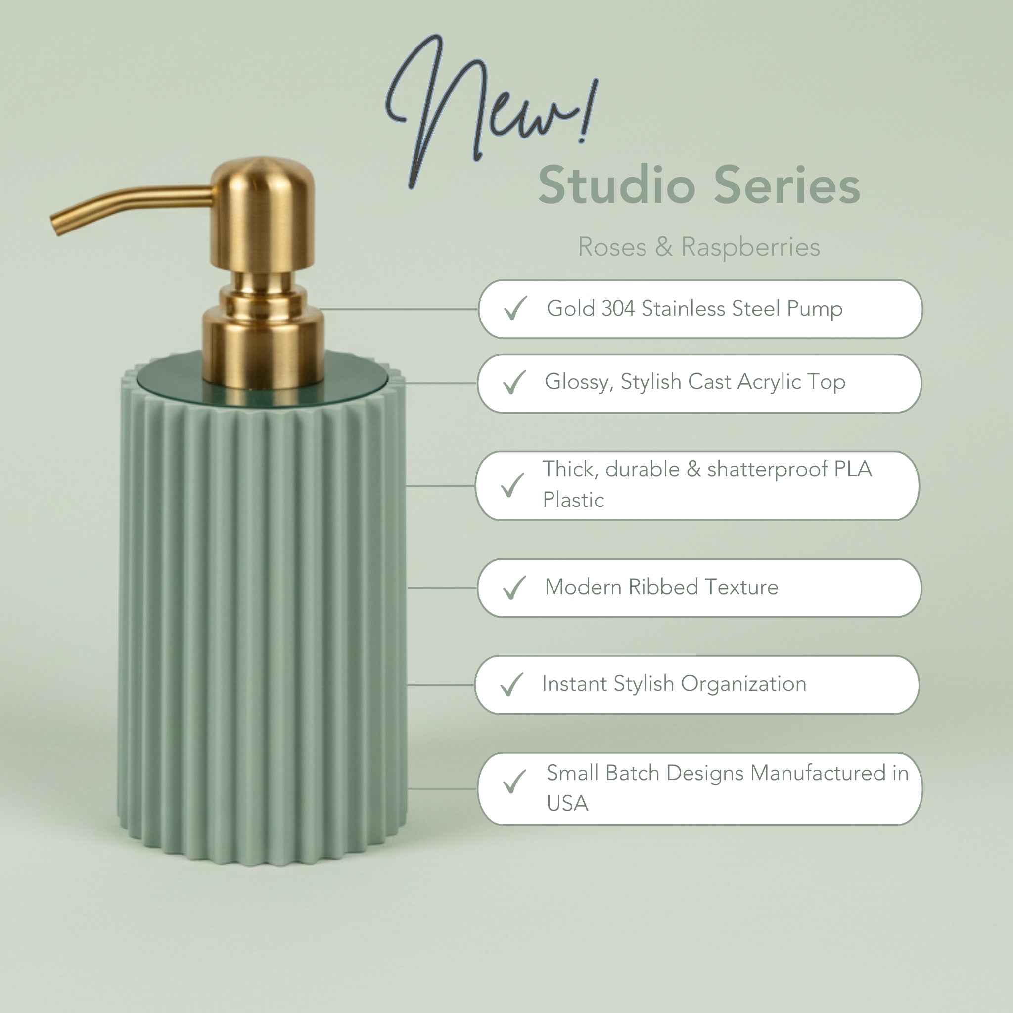 Light Sage Ribbed Soap Dispenser –  10 oz With Gold Stainless Steel Pump