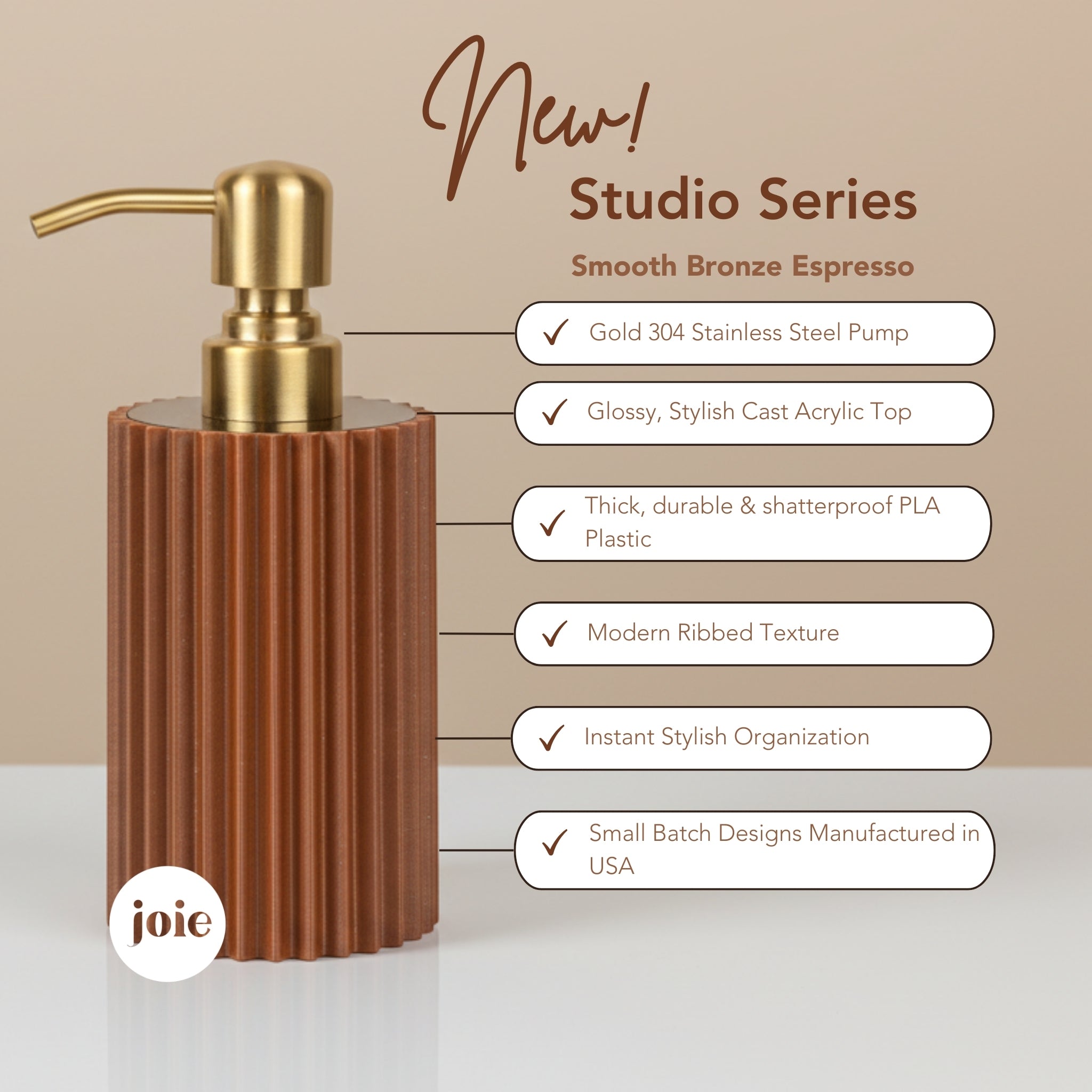 Bronze Espresso Ribbed Soap Dispenser –  10 oz With Gold Stainless Steel Pump