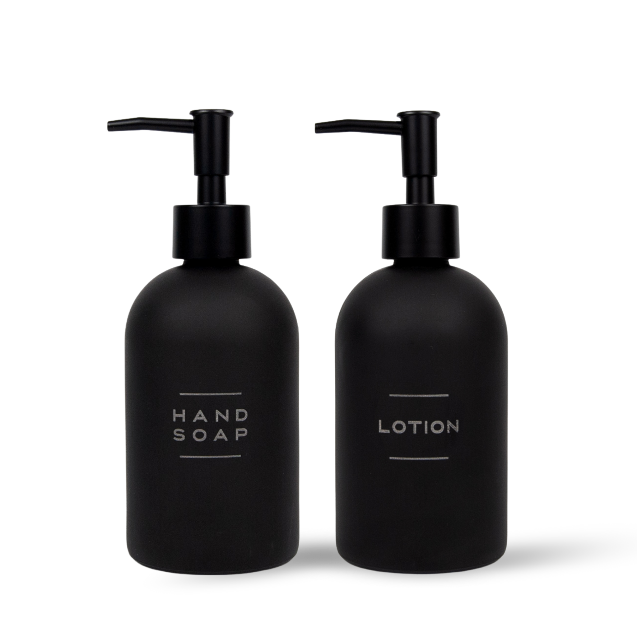 Engraved Matte Black Glass Hand Soap & Lotion Dispenser Set