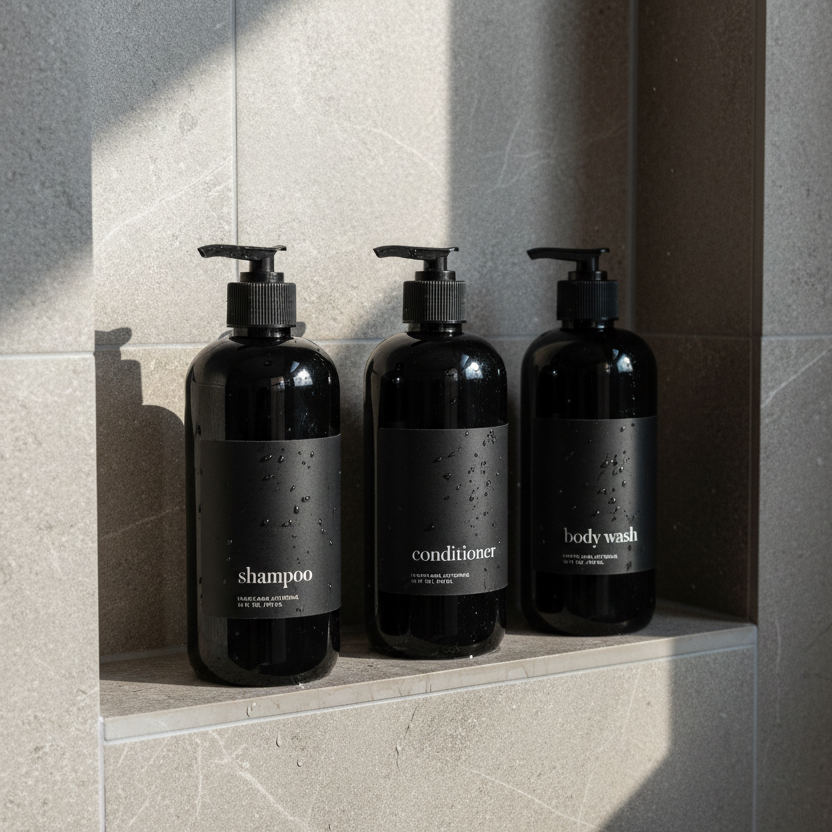 Manhattan Collection Black Minimalist Shower and Soap Dispenser Bottles