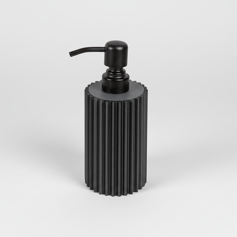 Black ribbed soap dispenser on a white background
