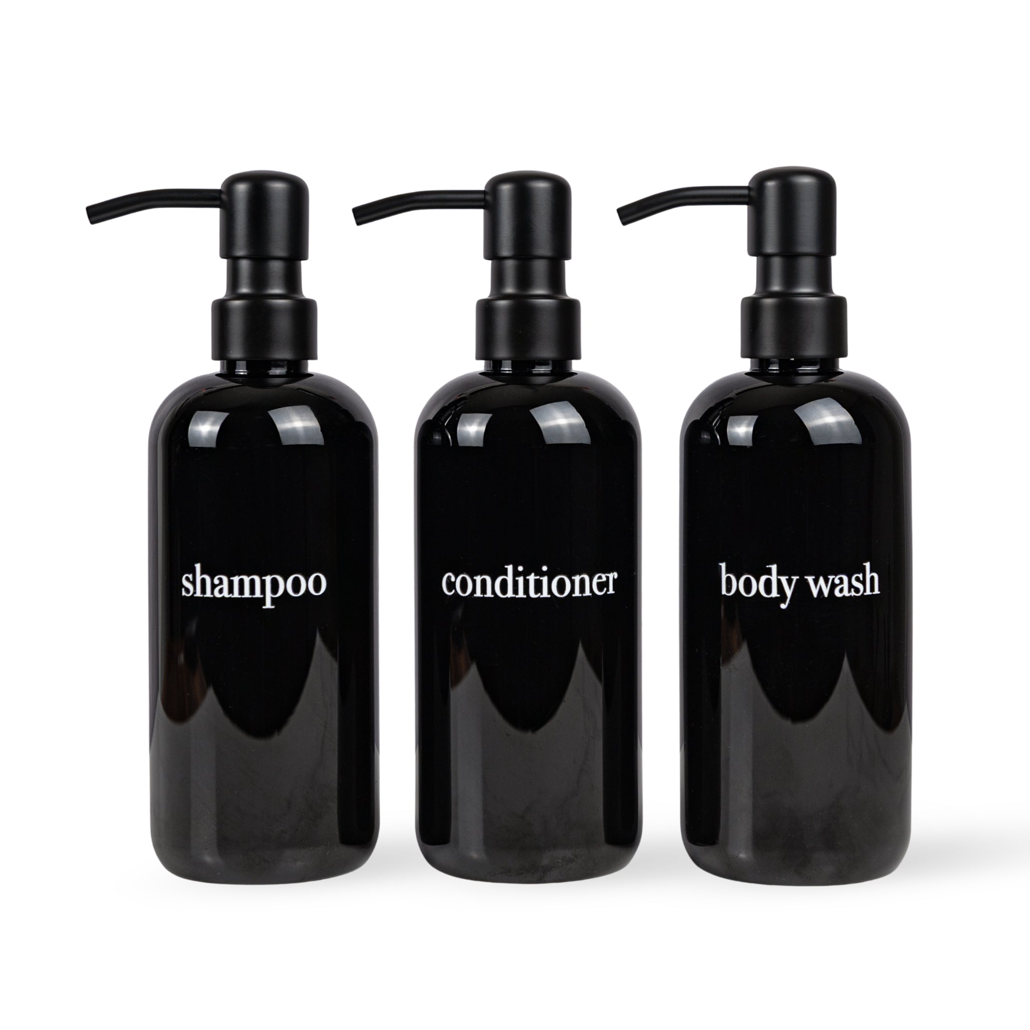 Black Shampoo Dispenser Sets | Shower-Safe, Sturdy Plastic | Stainless Steel, Bamboo or Plastic Pumps