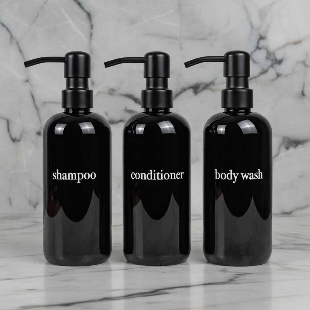 Black Shampoo Dispenser Sets | Shower-Safe, Sturdy Plastic | Stainless Steel, Bamboo or Plastic Pumps