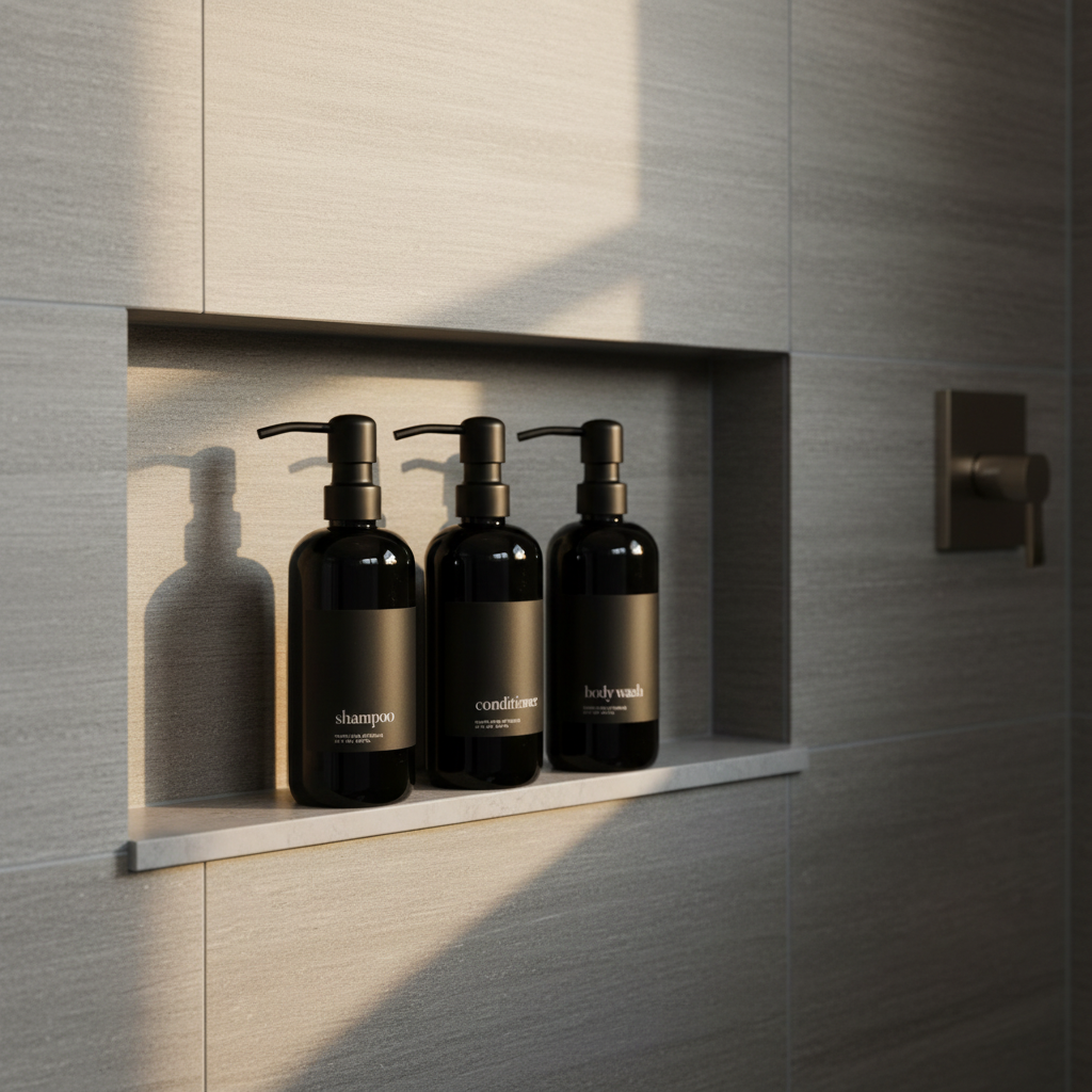 Three black bottles labeled 'shampoo', 'conditioner', and 'body wash' on a white background