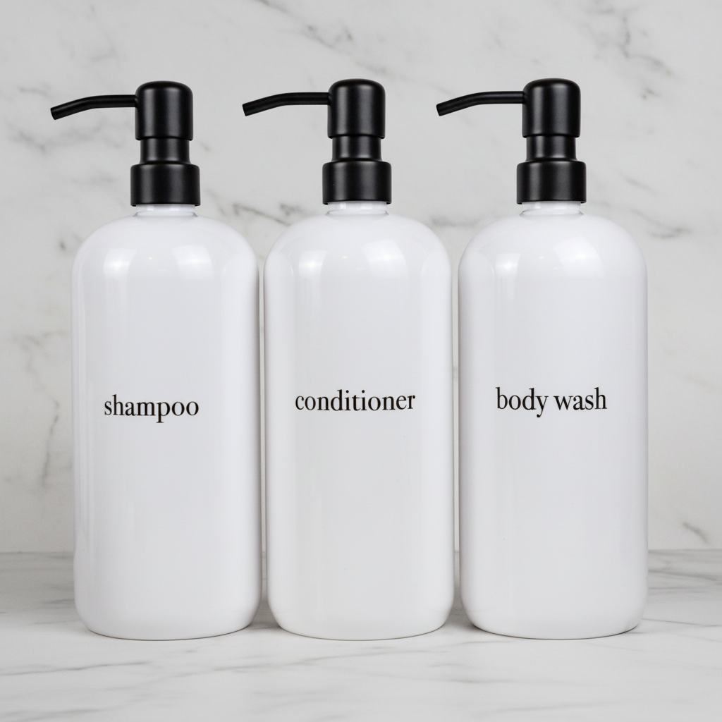 Three white bottles labeled 'shampoo', 'conditioner', and 'body wash' with black pumps on a white background.