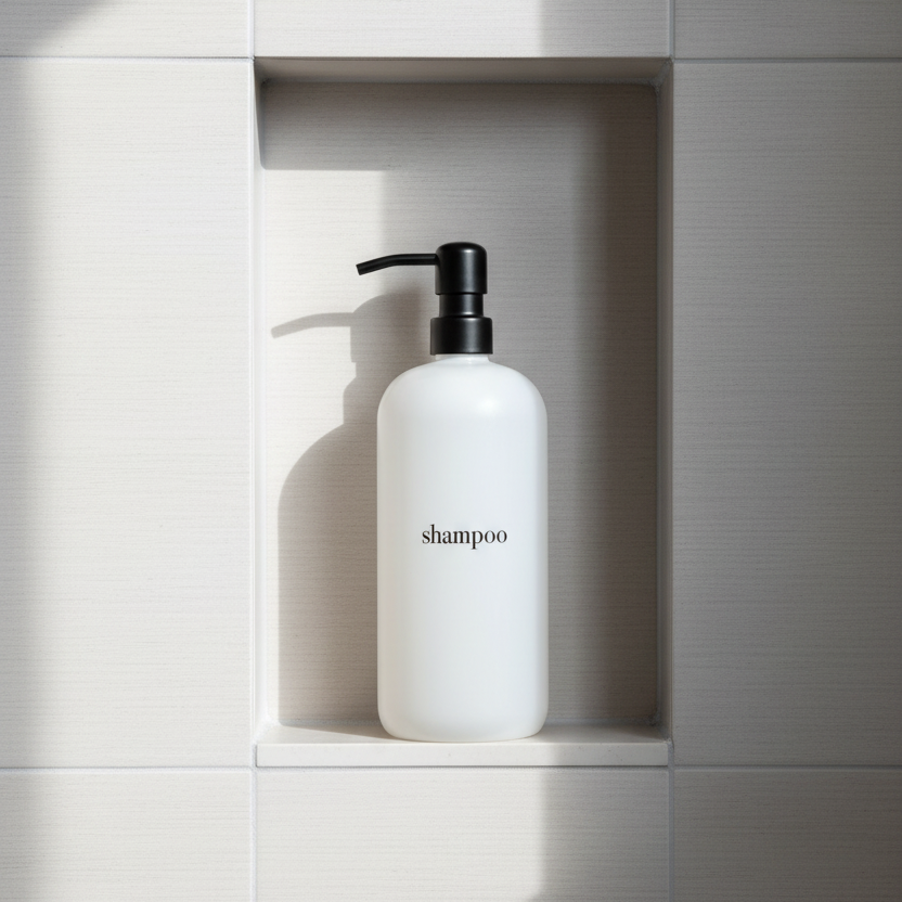 White shampoo bottle with black pump on a white background