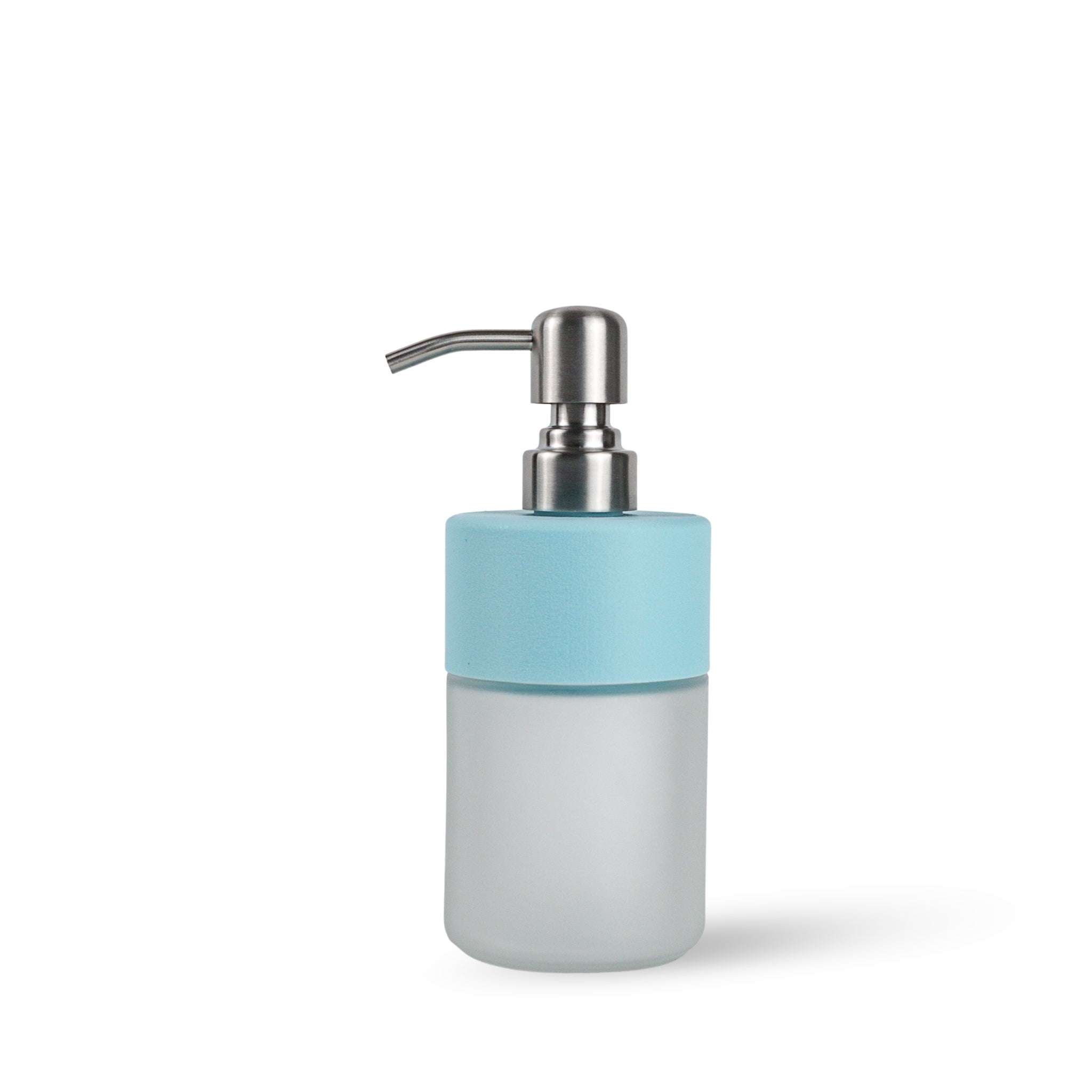Soap dispenser with light blue top and frosted glass base on a white background