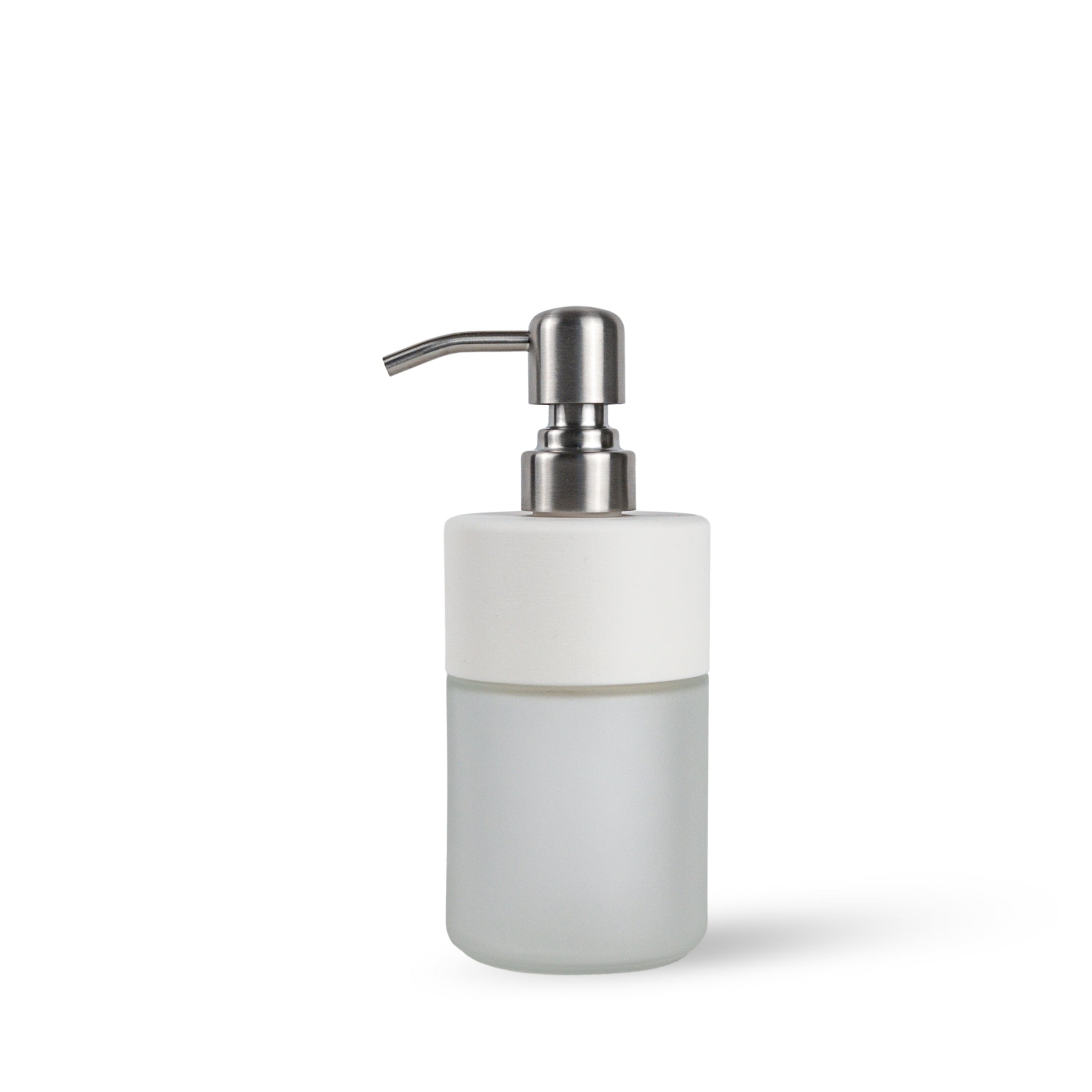 White soap dispenser with a frosted glass bottom and silver pump on a white background