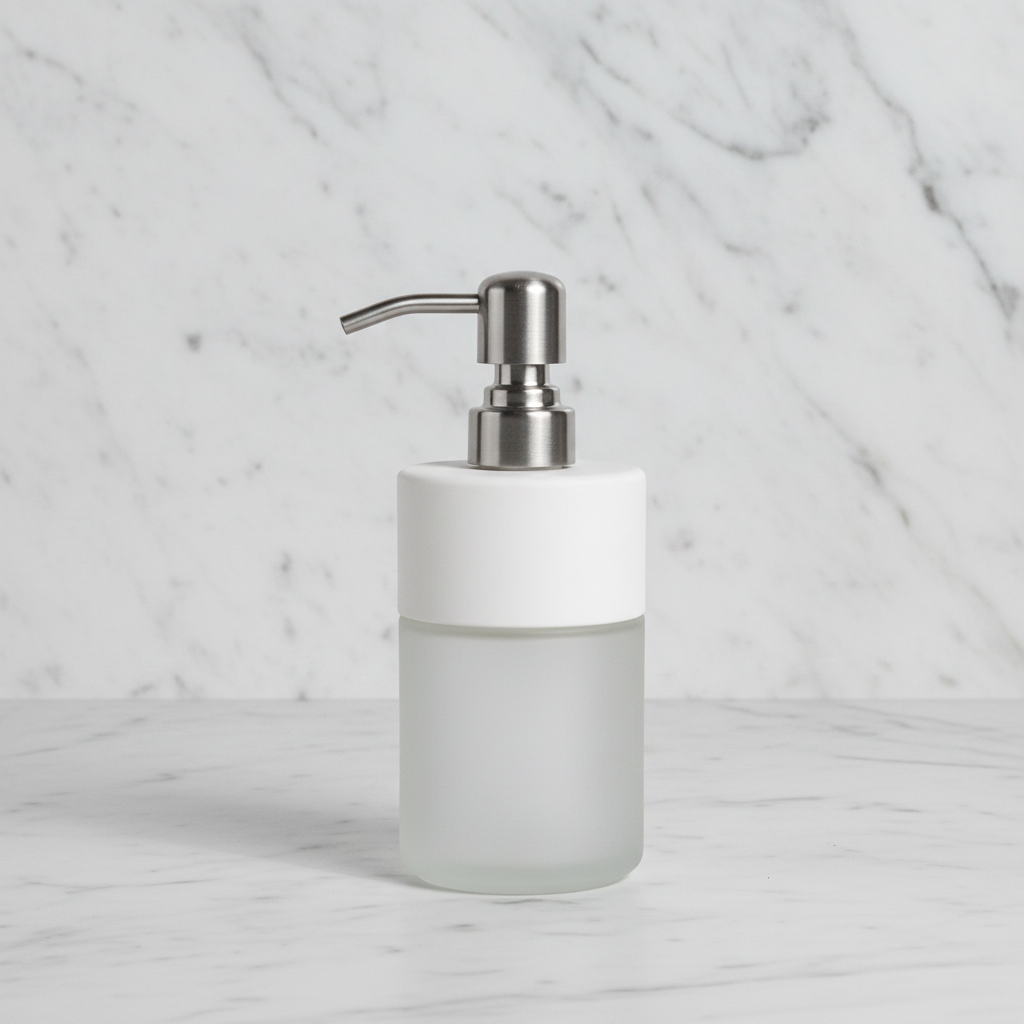 A frosted glass soap dispenser with a matte white cap and a brushed silver metal pump, set against a white marble background.