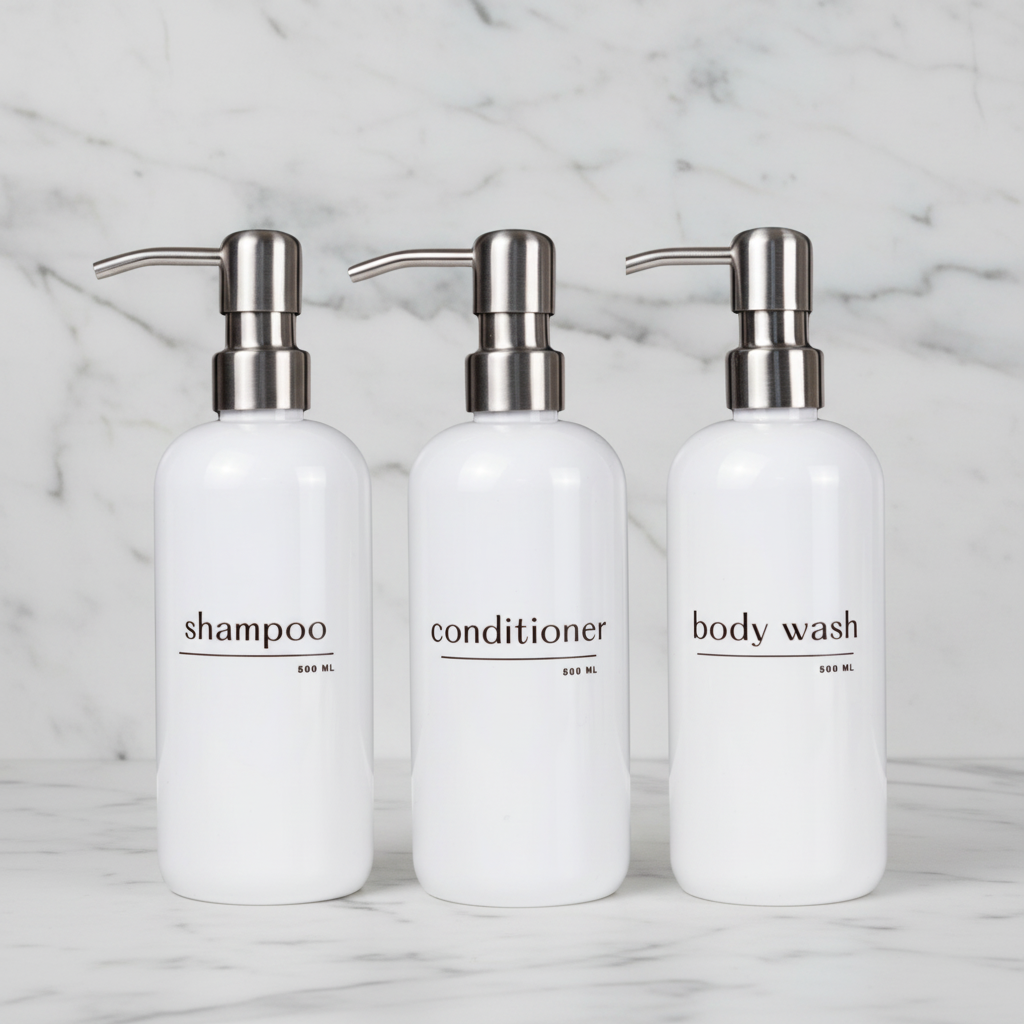 Shampoo & Conditioner Bottle Sets - Refillable | White Dispensers | Bamboo or Plastic Tops