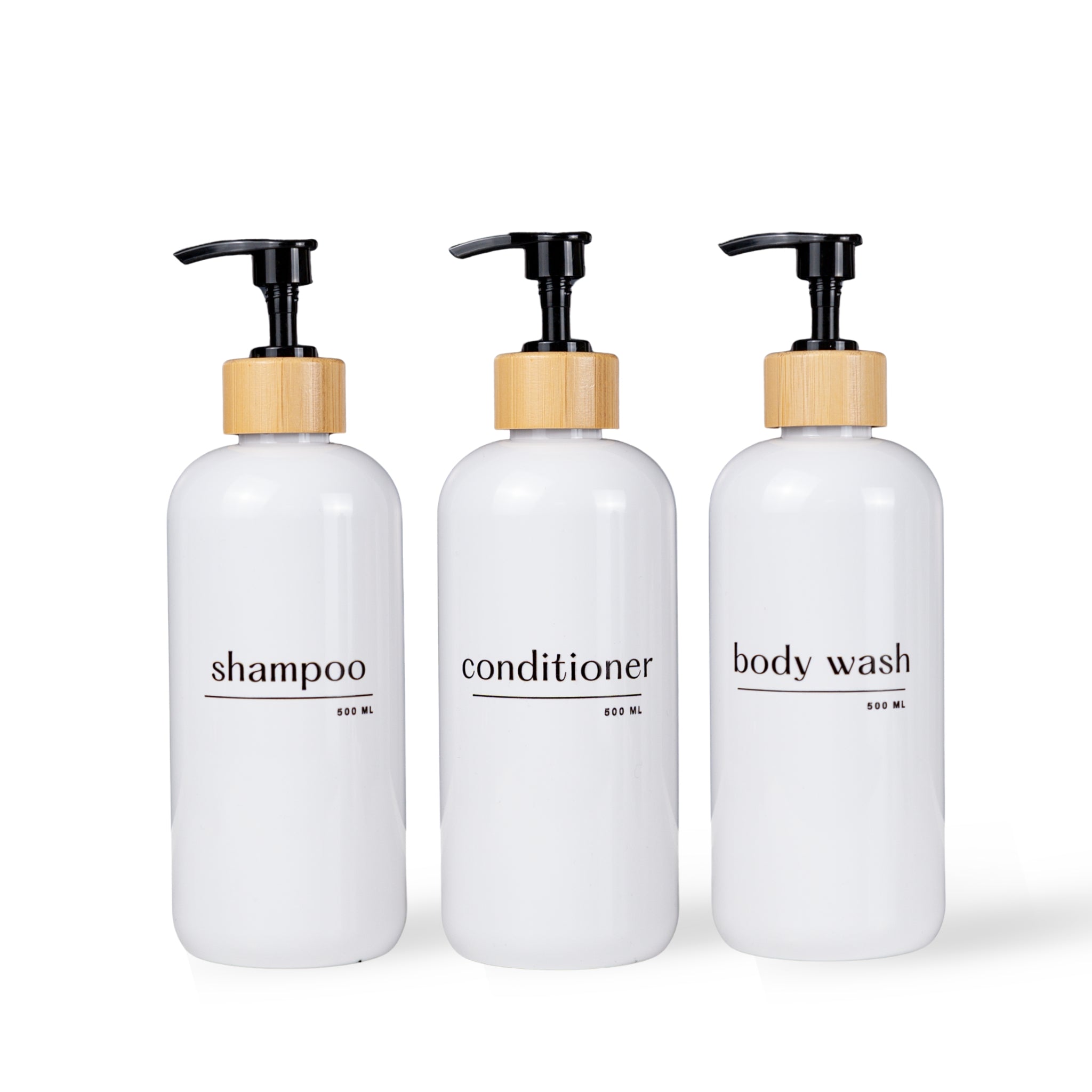 Shampoo & Conditioner Bottle Sets - Refillable | White Dispensers | Bamboo or Plastic Tops