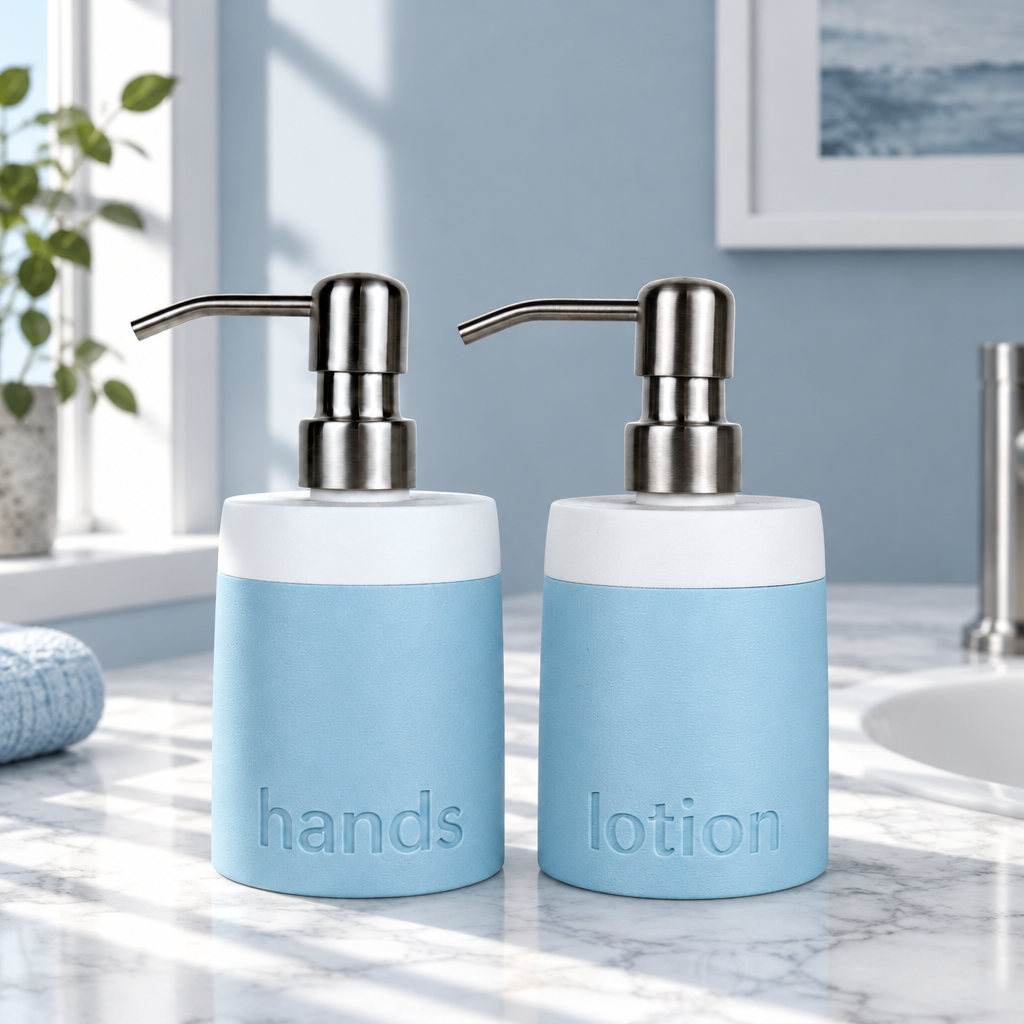 Soap Dispenser –  Pastel Covers Debossed Labeling  | 8 oz Glass Insert | Stainless Steel Pump
