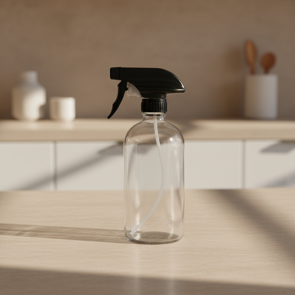 Clear spray bottle with black nozzle on a wooden surface