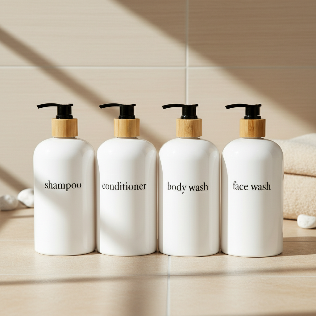 minimalist white shower and soap dispenser sets with bamboo or plastic pumps