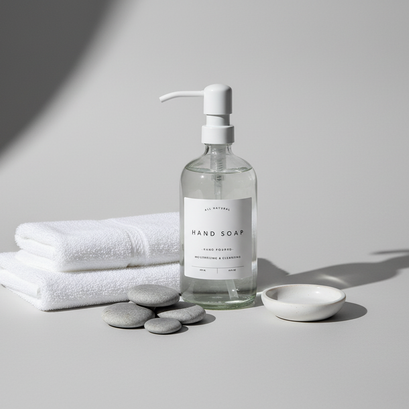 Hand soap bottle with towels and stones on a gray background
