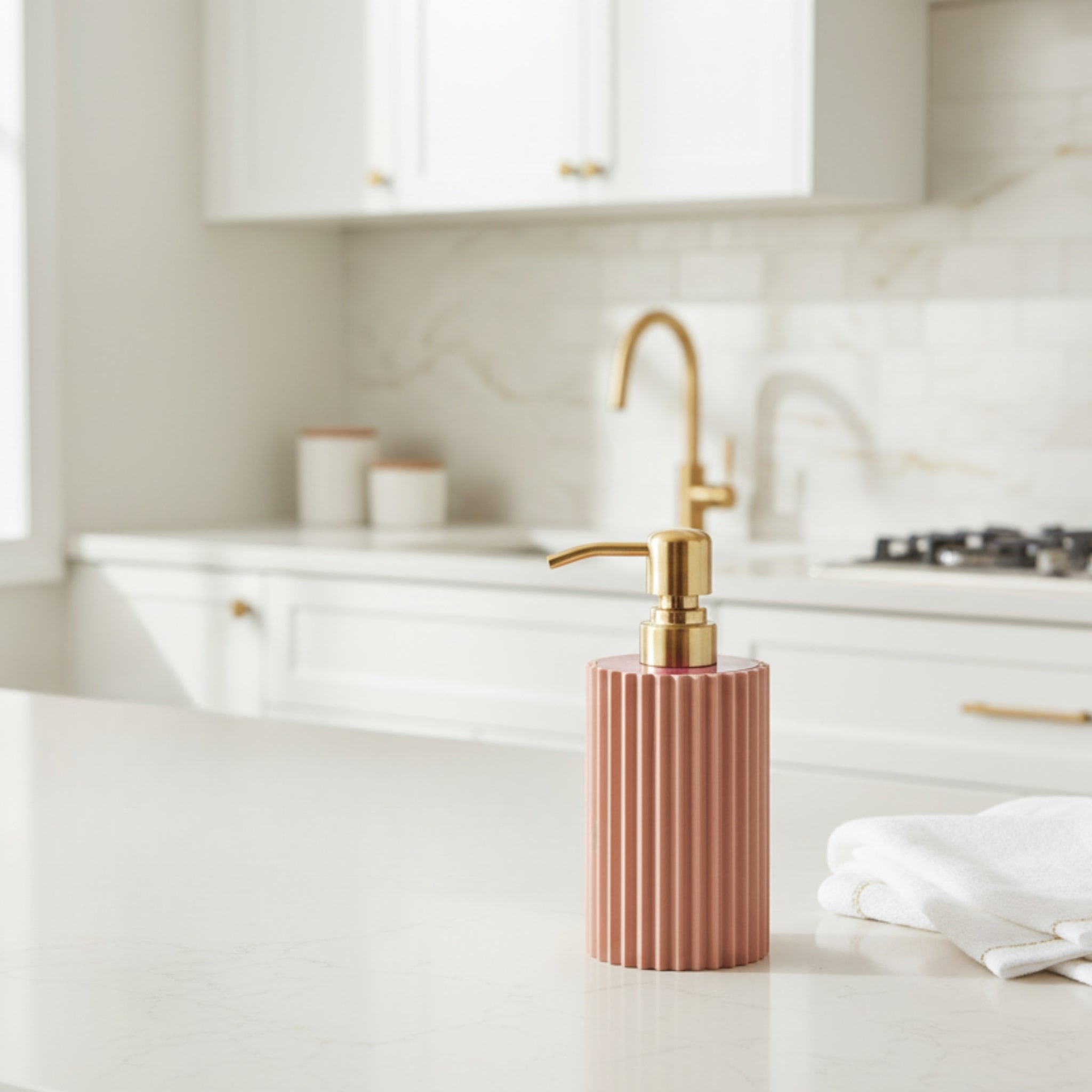 Rose Gold Ribbed Soap Dispenser –  10 oz With Gold Stainless Steel Pump