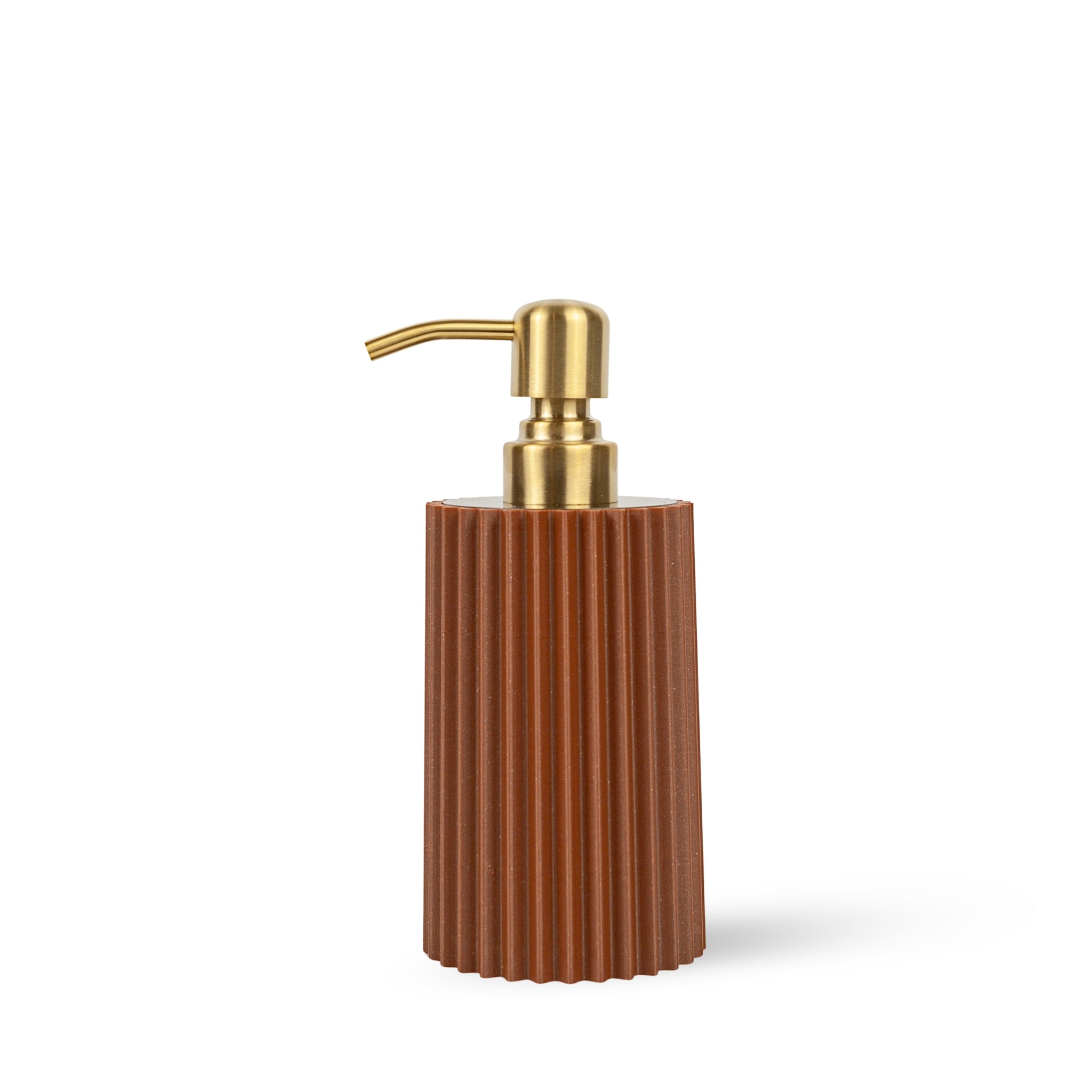 Brown ribbed soap dispenser with gold pump on a white background