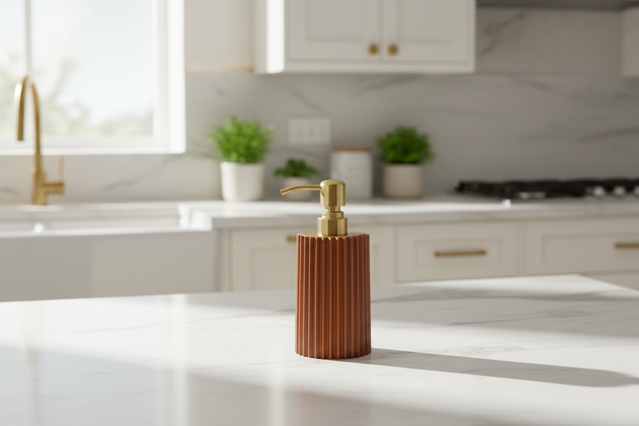 bronze and espresso soap dispenser on a kitchen counter with a blurred background
