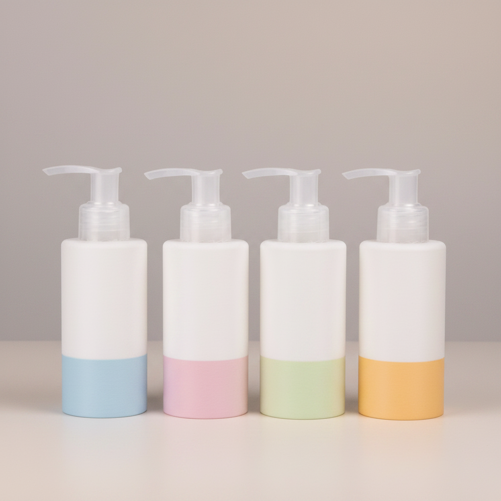 Four empty pump bottles with white bodies and pastel color bands at the bottom, shown in a row on a white background. The bands are light blue, light pink, light green, and light orange.