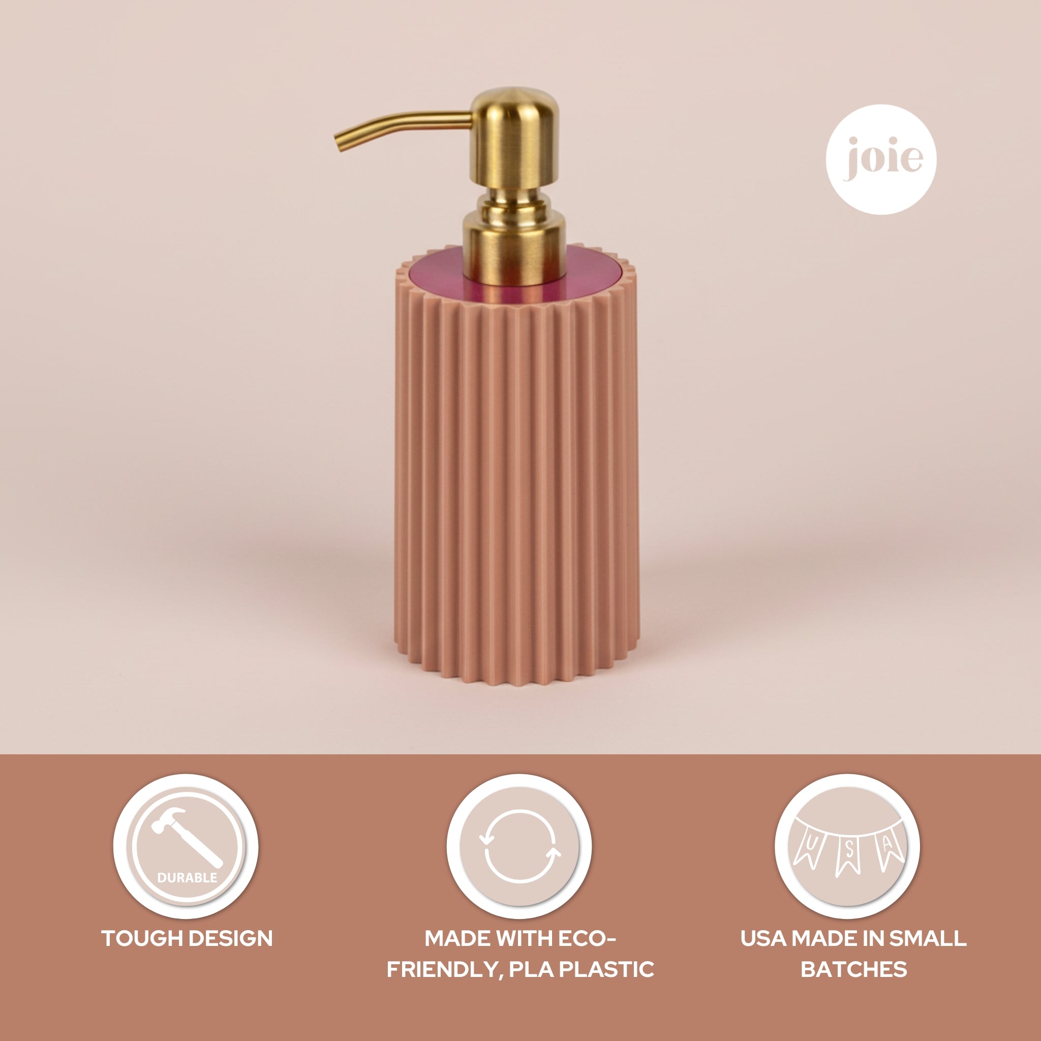 Rose Gold Ribbed Soap Dispenser –  10 oz With Gold Stainless Steel Pump