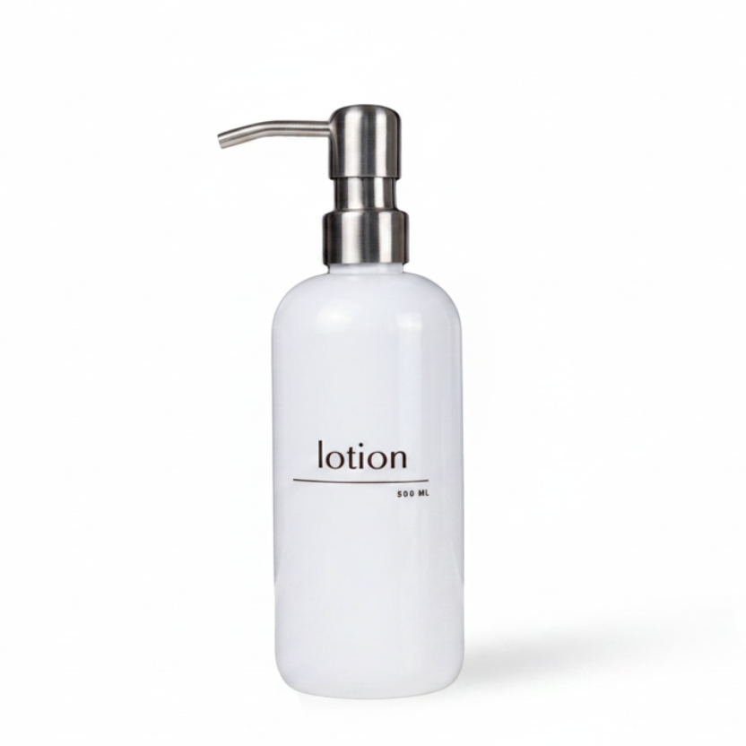 A frosted white pump bottle labeled 'lotion' with a metallic silver dispenser, shown on a clean white background.
