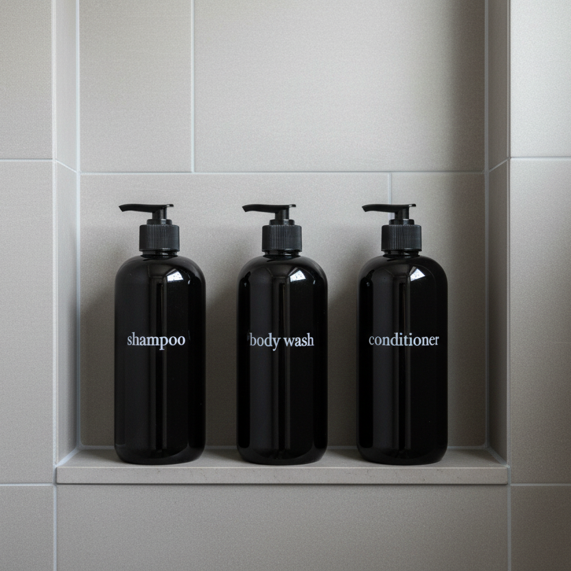 Three black bottles labeled 'shampoo', 'body wash', and 'conditioner' in a shower niche.