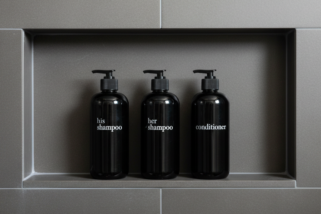 Three black shampoo bottles labeled 'his shampoo', 'her shampoo', and 'conditioner' on a white background.
