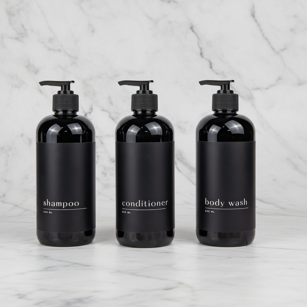 Three black pump bottles of shampoo, conditioner, and body wash arranged side by side on a white background.