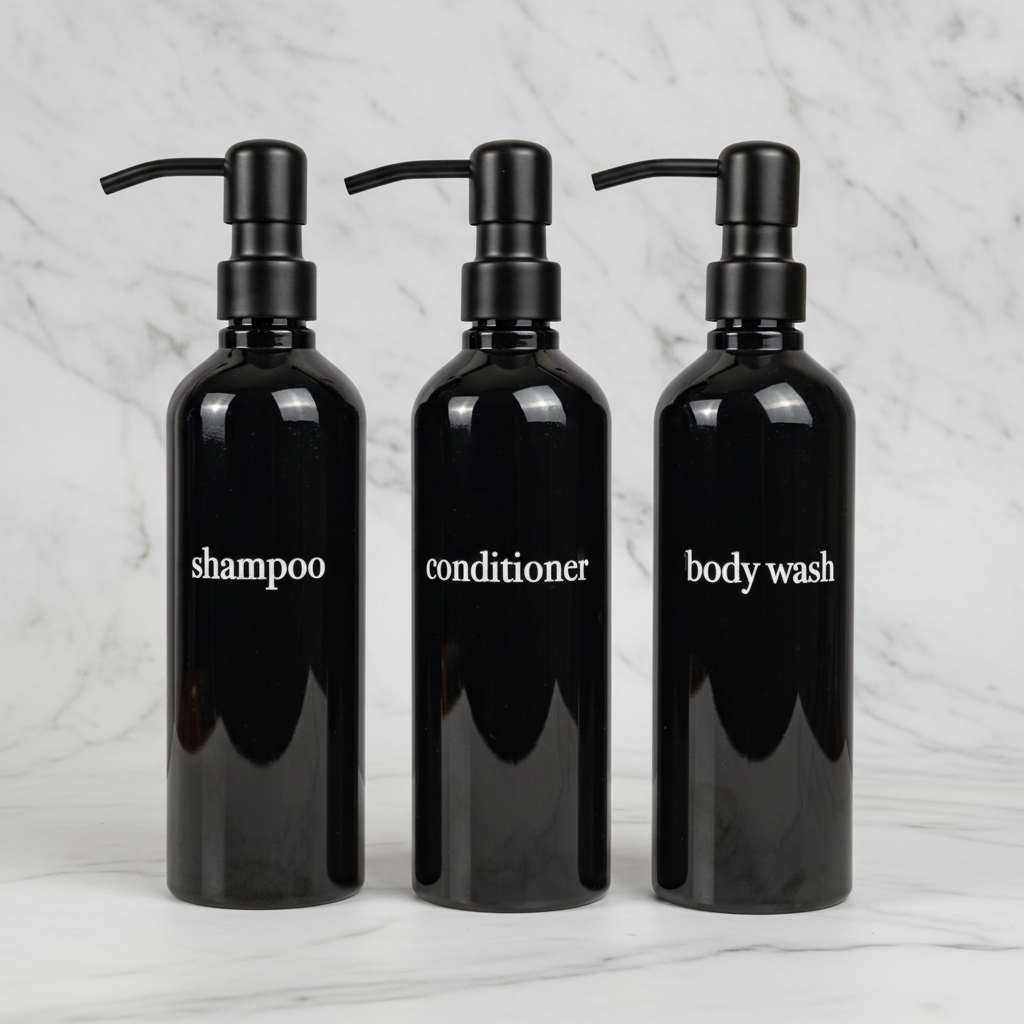 Black Slim Refillable Dispenser - Eco-Friendly, Refillable Bottle Set With Bamboo or Plastic Pumps