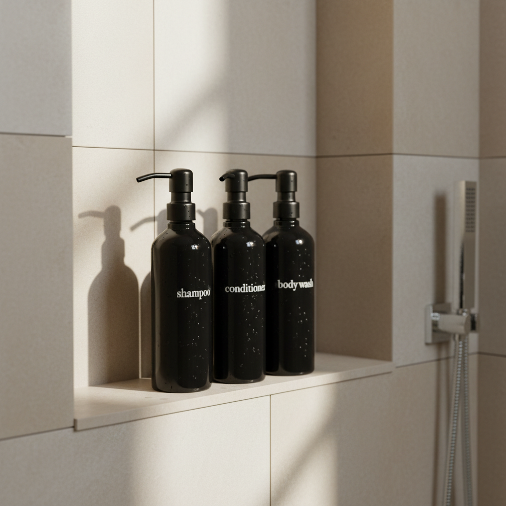 Three black bottles labeled 'shampoo', 'conditioner', and 'body wash' on a bathroom shelf.