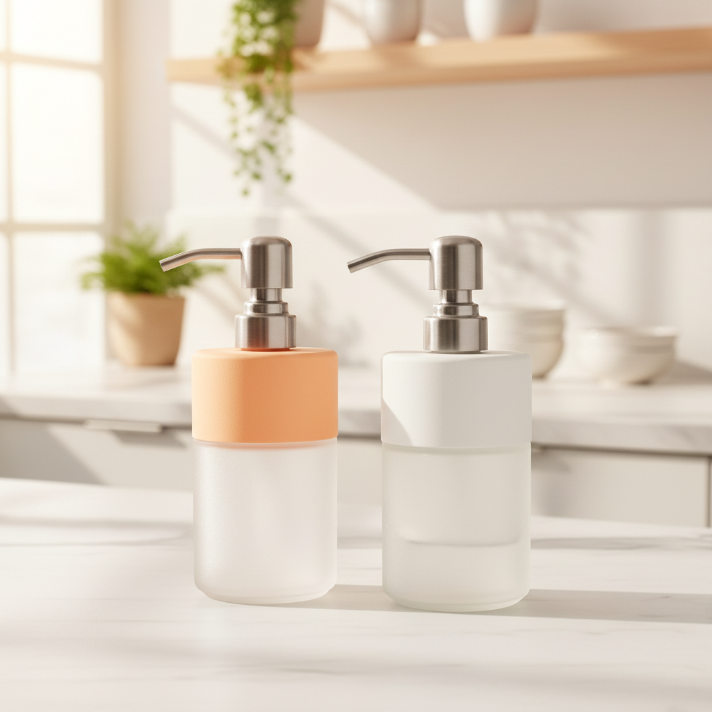 Two soap dispensers with pump tops, one orange and white, one gray and white, on a white background.