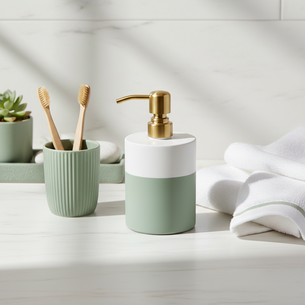 Soap dispenser with gold pump and two-tone design on a white background