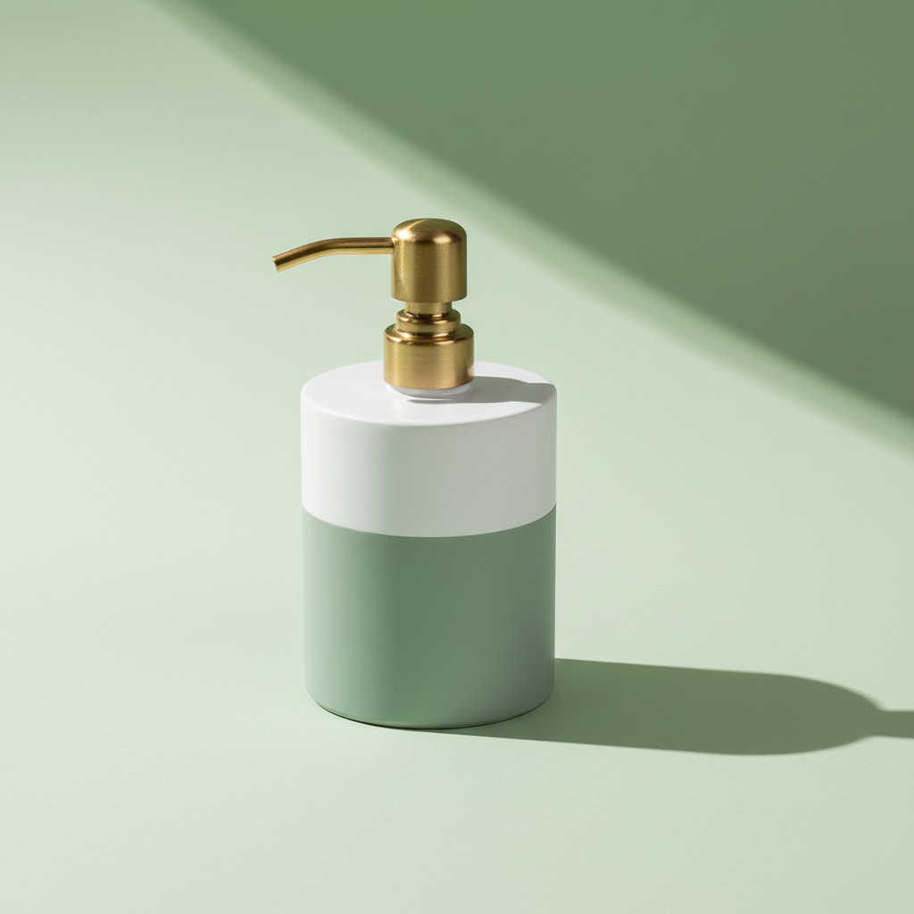 Green and white soap dispenser with gold pump on a light green background