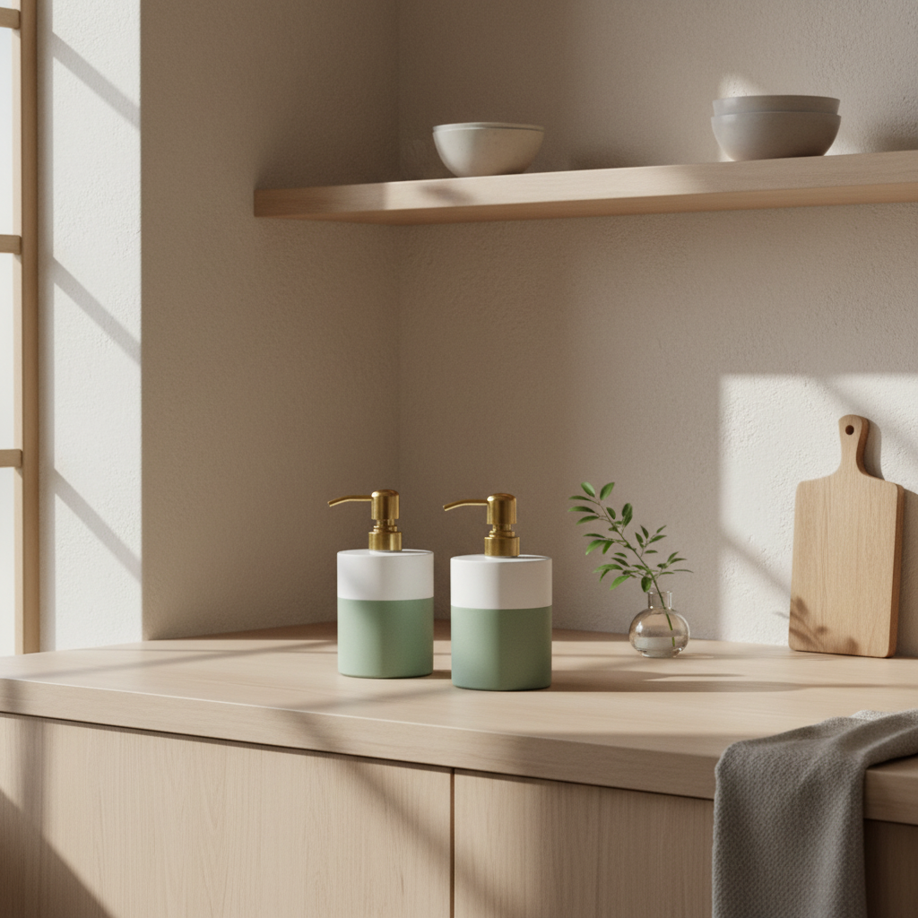 Two green and white soap dispensers on a wooden surface with a neutral background