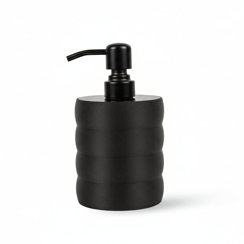 Black soap dispenser with pump on a white background