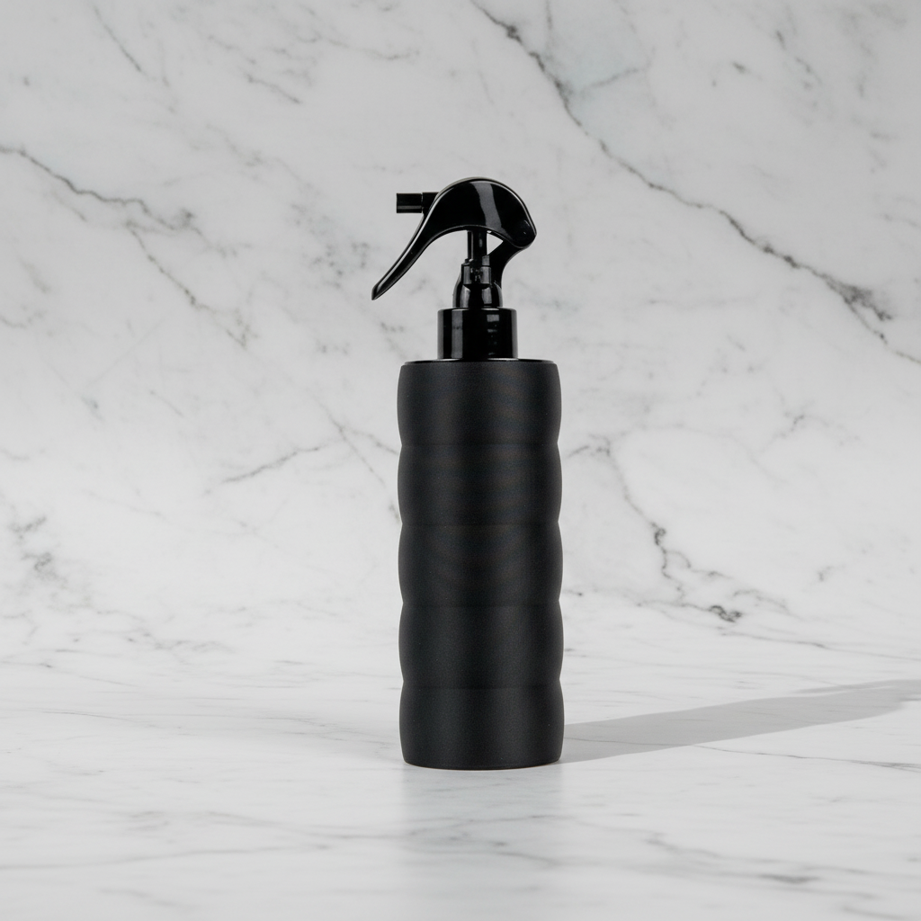 Black spray bottle on a white background