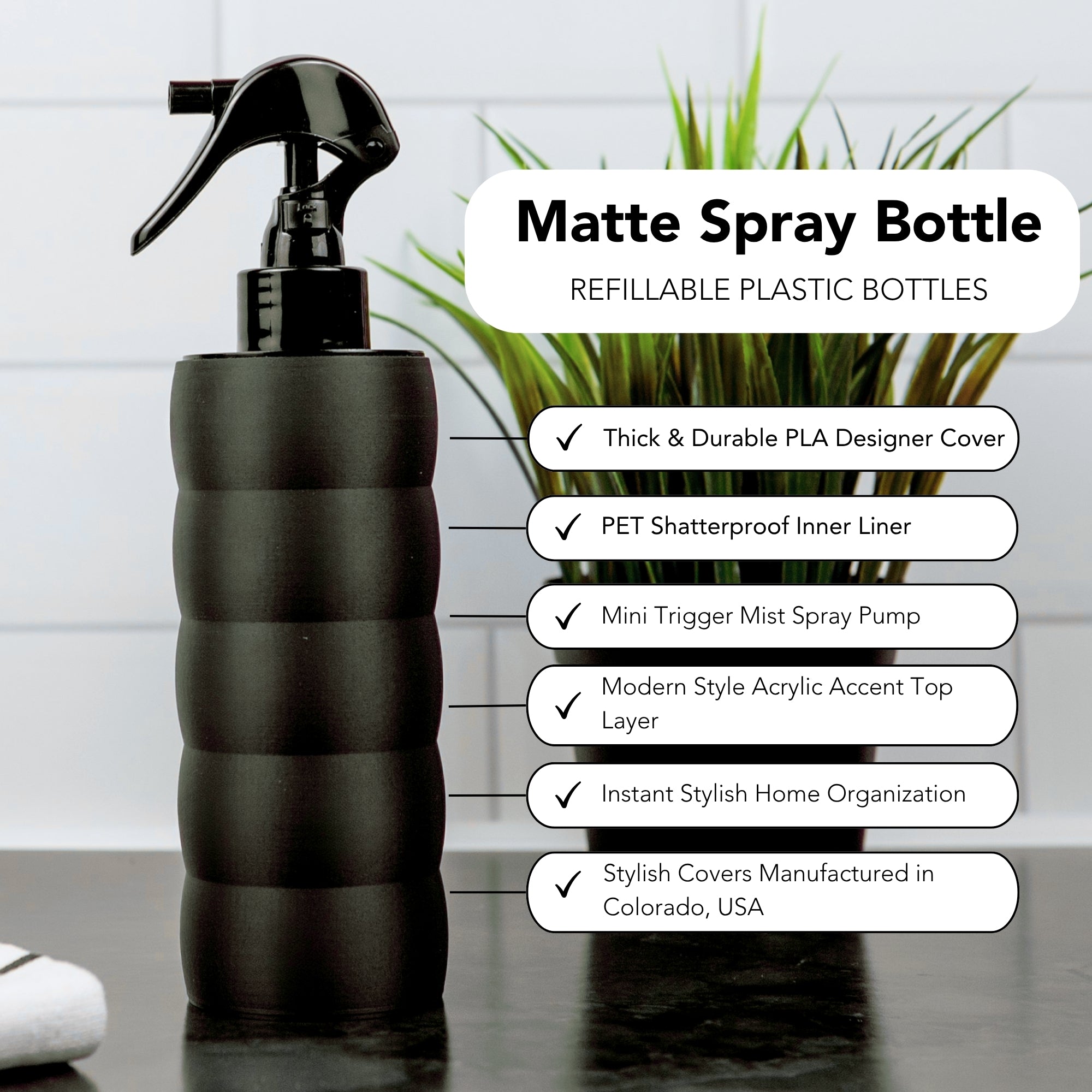 Matte Spray Bottle Modern Design – 5 oz counter top bottle (Black, Cream or Blue Marble)