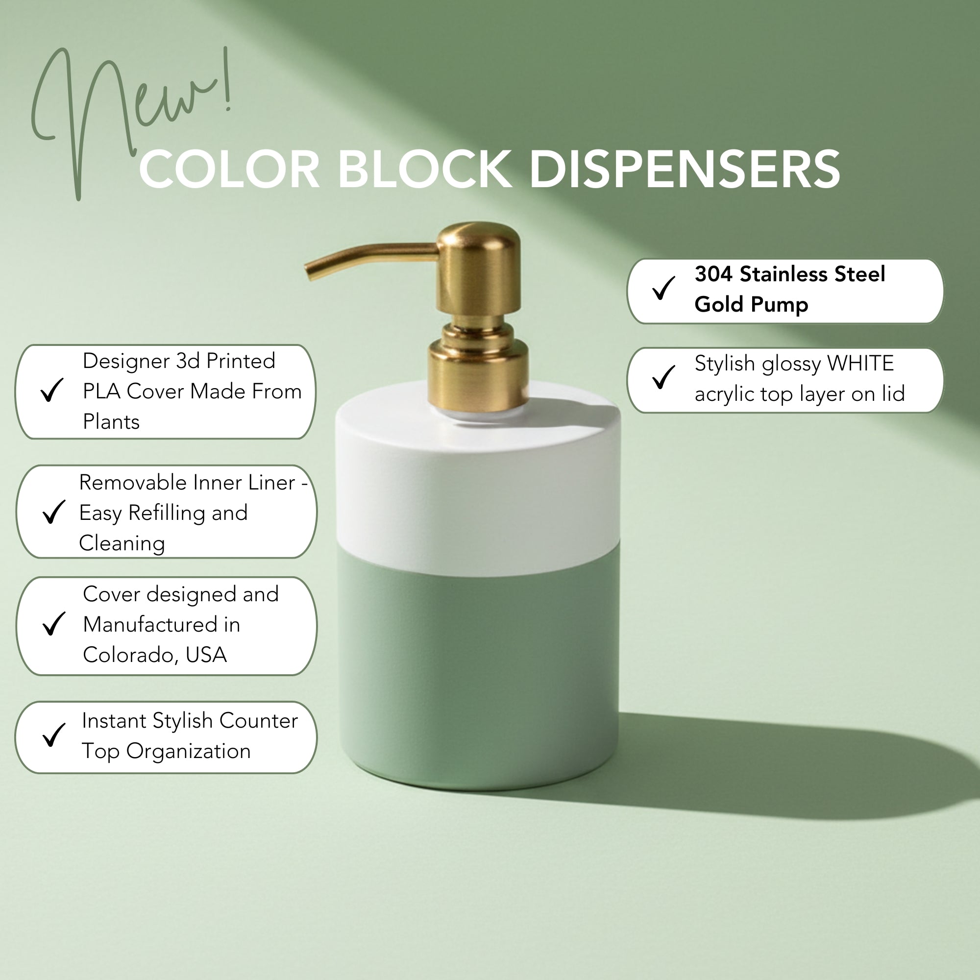 Soap Dispenser | Matte Sage & Linen White 12oz | Gold Stainless Steel Pump