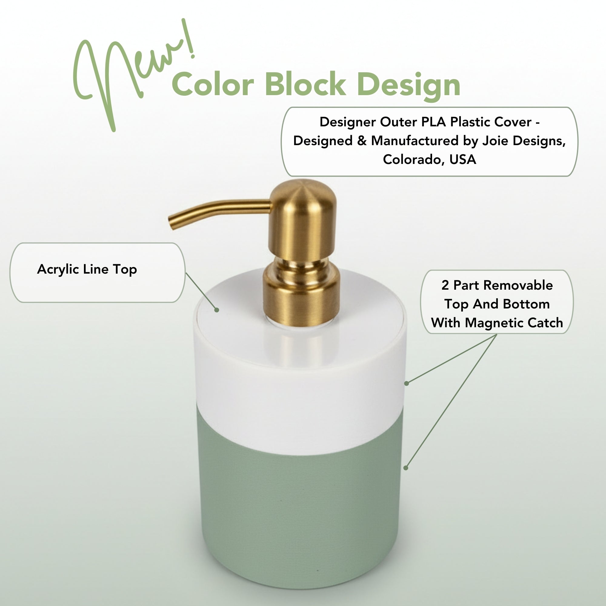 Soap Dispenser | Matte Sage & Linen White 12oz | Gold Stainless Steel Pump