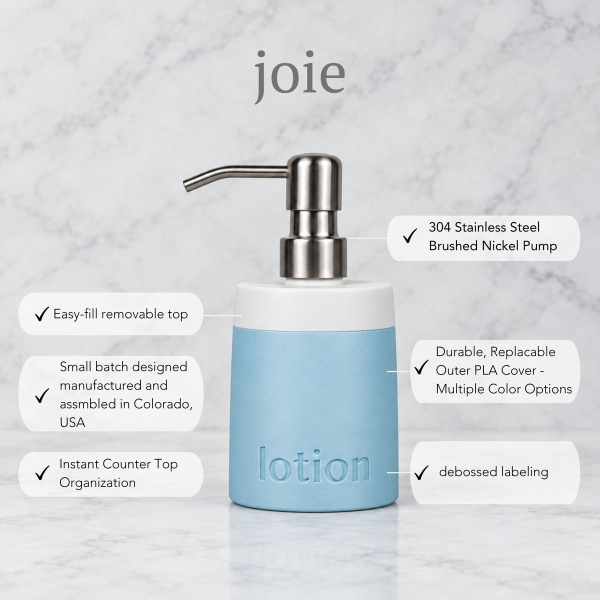 Soap Dispenser –  Pastel Covers Debossed Labeling  | 8 oz Glass Insert | Stainless Steel Pump